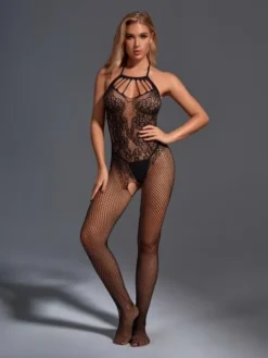 Gebloemde Catsuit Met Open Kruis - Zwart 5 Gebloemde Catsuit Met Open Kruis - Zwart -Seksspeeltjeswinkel ccs016 blk 2